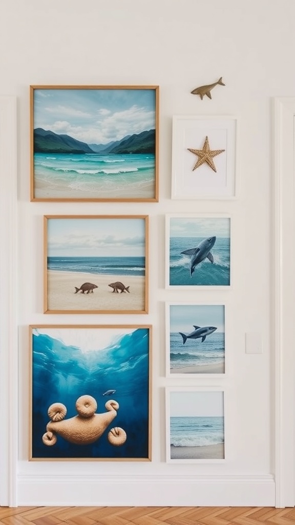 A collection of ocean-inspired wall art featuring beach scenes, marine life, and decorative elements.