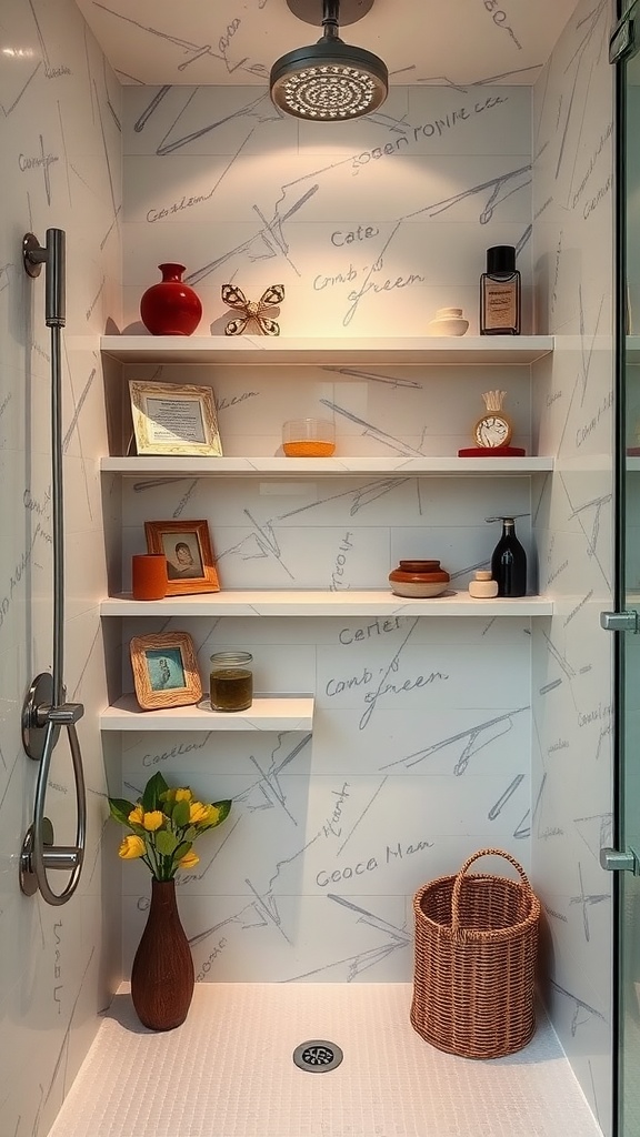 Artistic shelving display in a shower niche with various decor items.