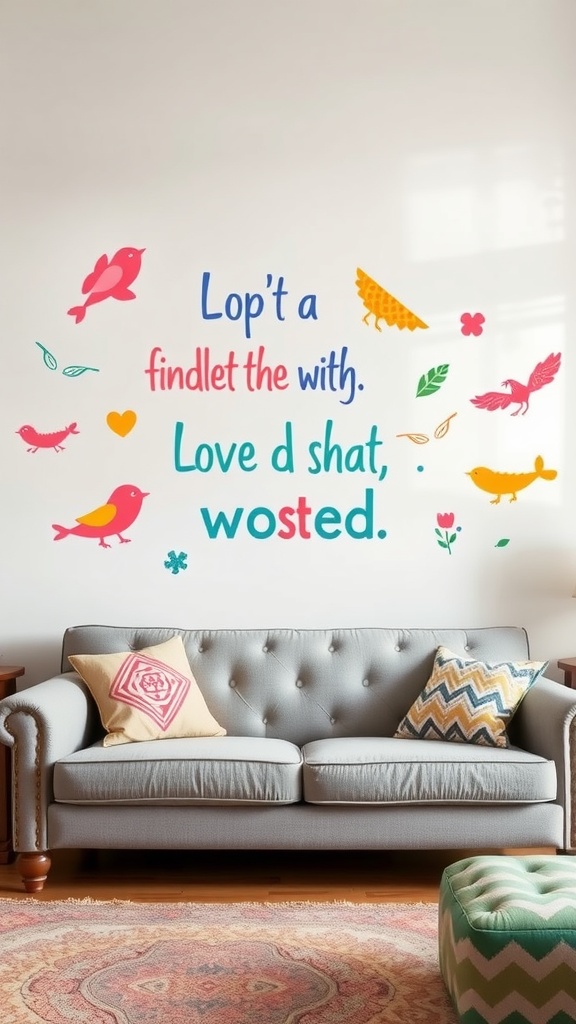 Colorful wall decals featuring playful birds, flowers, and whimsical text above a cozy couch.
