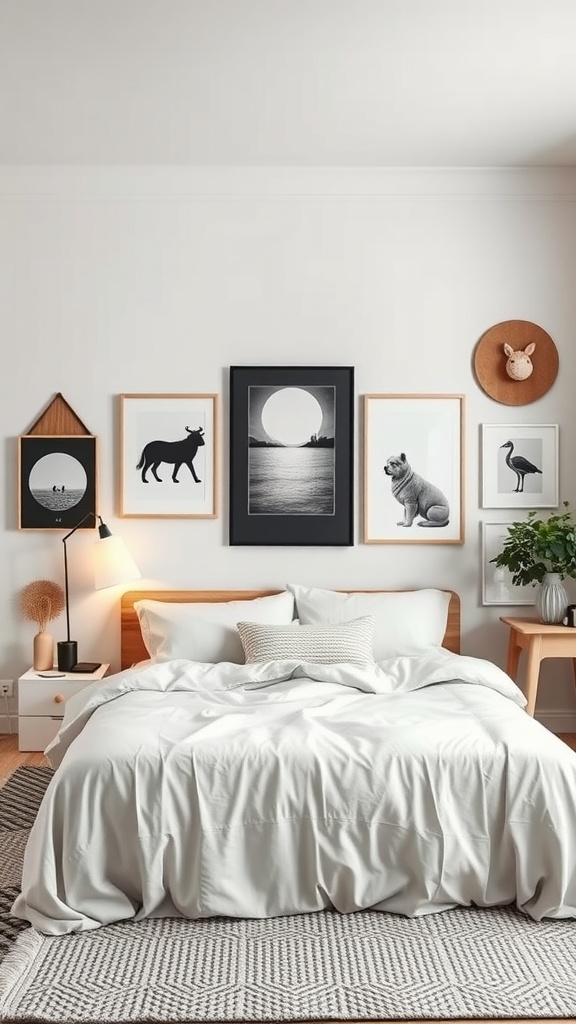 A Scandinavian bedroom with artistic wall decor including animal illustrations and a landscape print