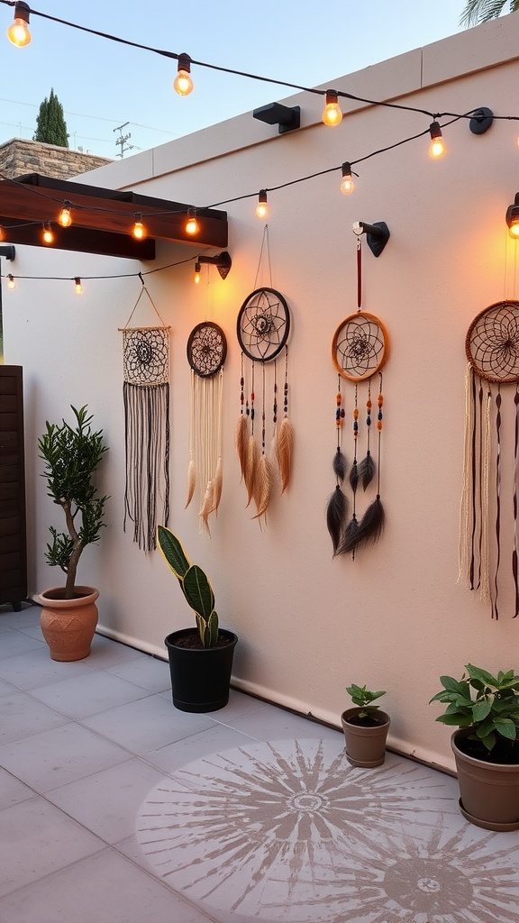 A cozy patio featuring dreamcatcher wall hangings and string lights, surrounded by potted plants.