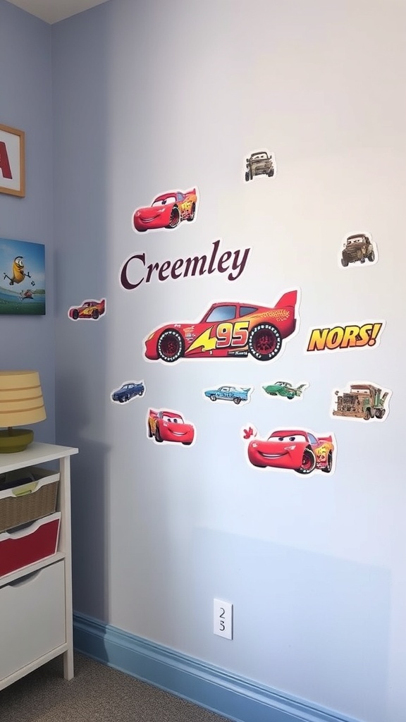 Wall stickers featuring Lightning McQueen and other Cars characters on a light blue wall.