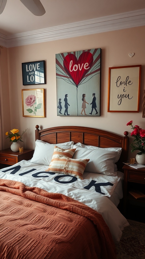 A cozy bedroom featuring romantic artwork on the walls, including a large heart illustration and framed quotes about love.