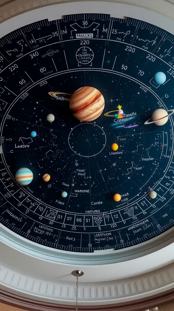 A ceiling designed like an astronomy chart, featuring colorful planets and constellations against a dark background.