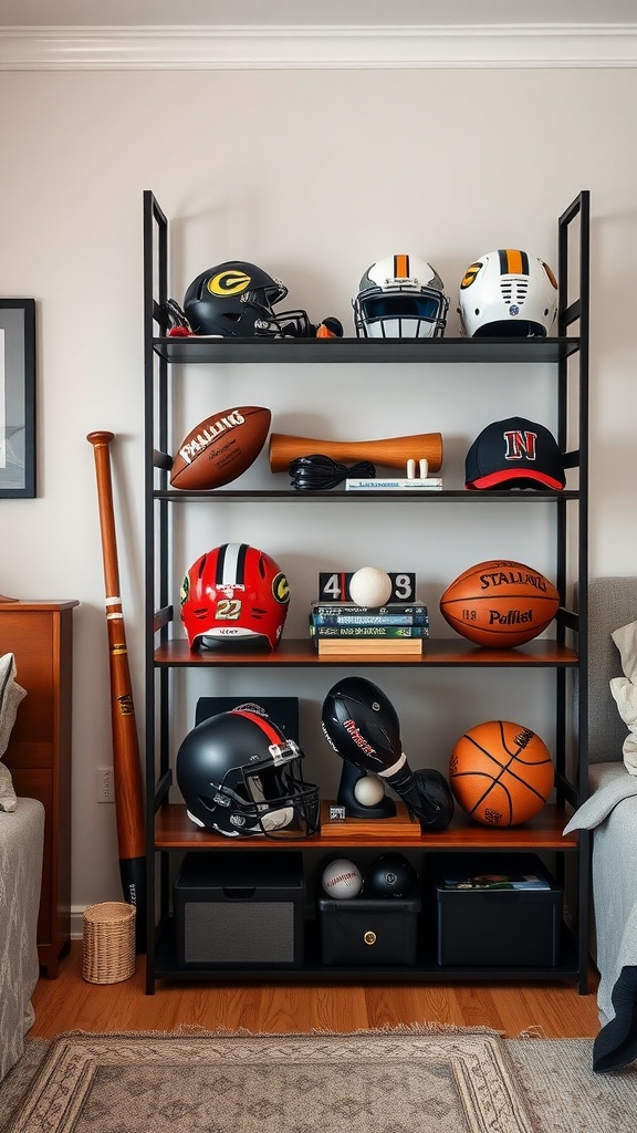 A black display shelf filled with various sports equipment, including helmets, footballs, a basketball, and a bat, showcasing a sports-themed bedroom.
