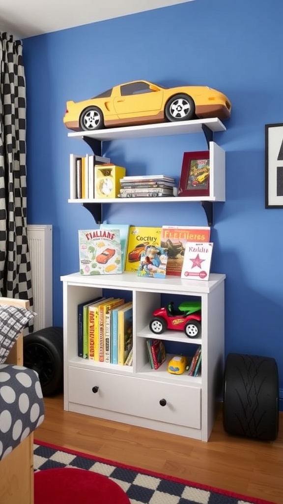 A car-themed bedroom with shelves displaying toy cars, a car-shaped bed, and tire-style storage.