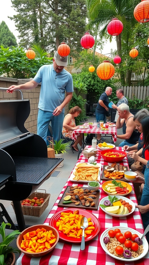 A lively backyard barbecue scene with a grill, colorful lanterns, and a table filled with delicious food.