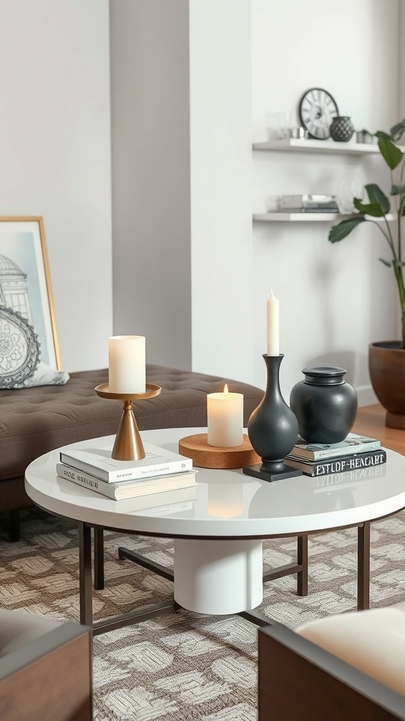 A round coffee table decorated with candles, books, and a vase, showcasing a mix of symmetry and asymmetry in design.