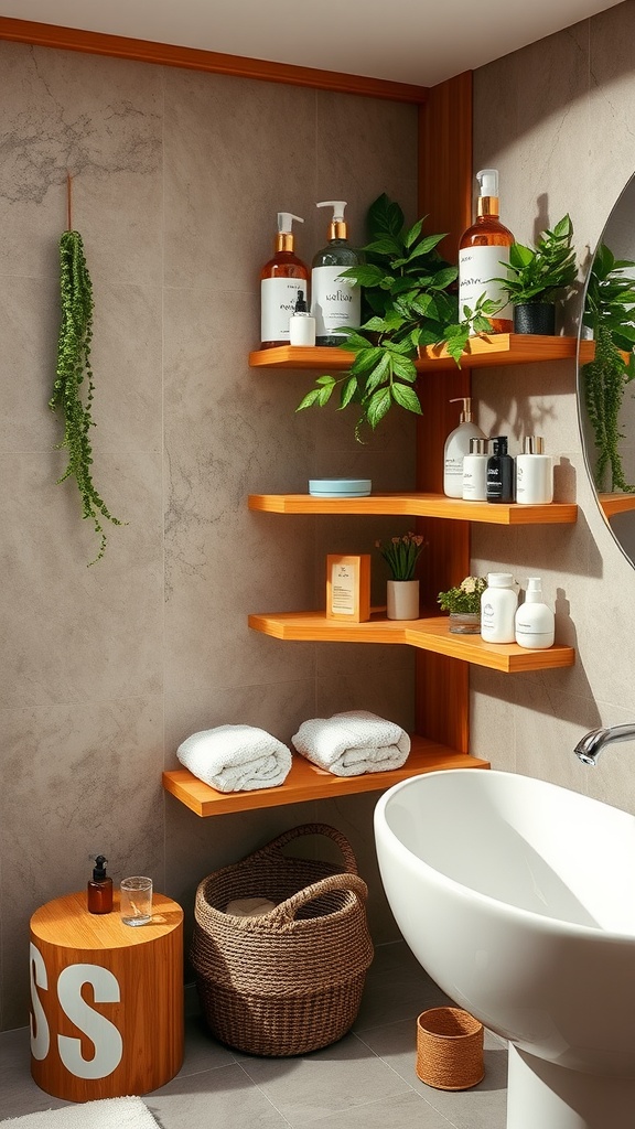 Bamboo shelves in a modern bathroom with plants and bathroom essentials