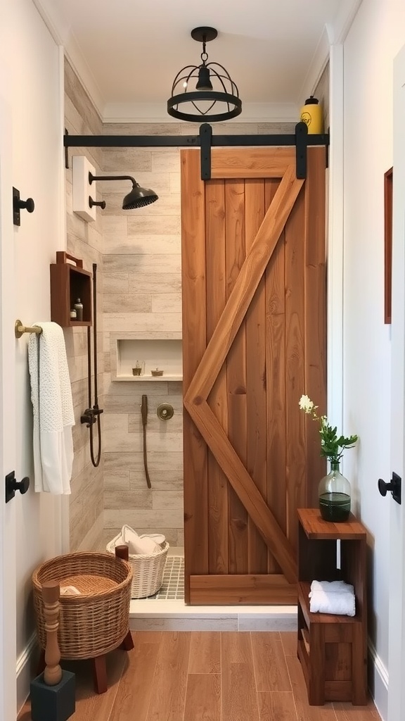 A rustic bathroom featuring a sliding barn door shower enclosure made of warm wood, with modern fixtures and a cozy vibe.