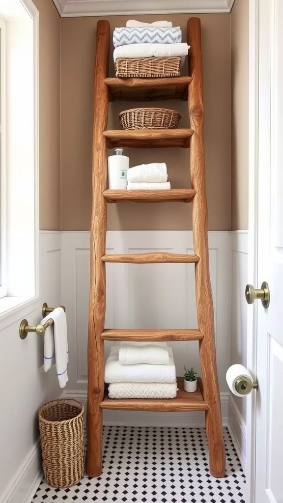 A wooden ladder leaning against a gray wall in a small bathroom
