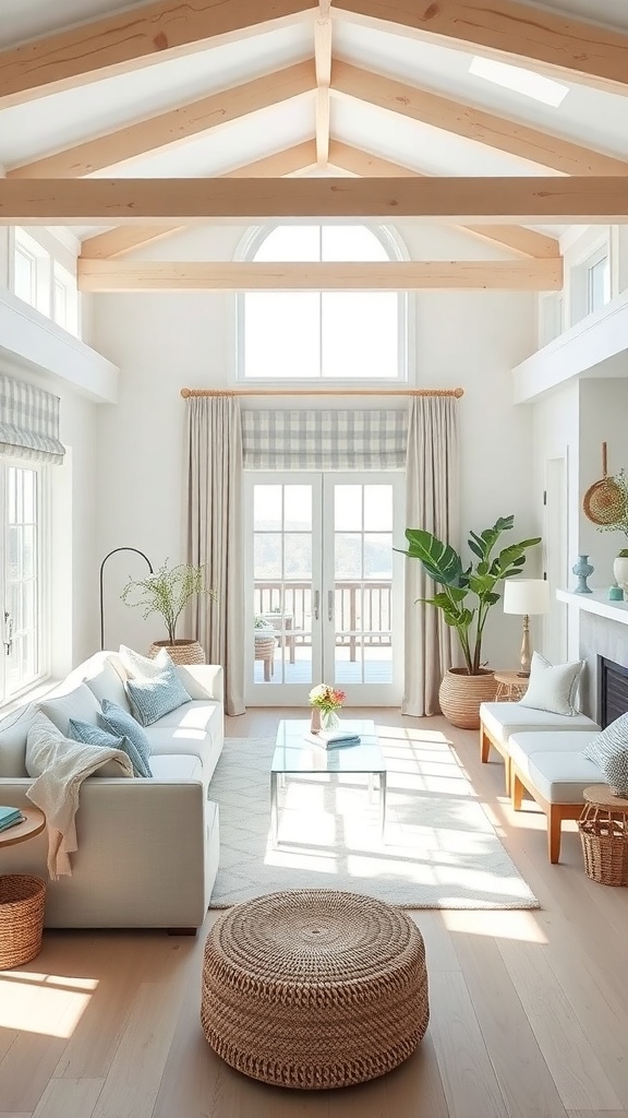 A bright coastal living room featuring light colors, natural textures, and large windows.