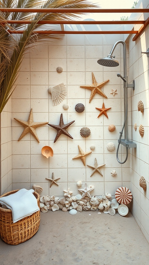 A beach-themed outdoor shower with seashells, starfish, and palm fronds.