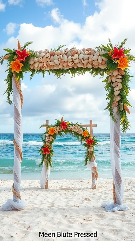 Beachfront wedding ceremony arch decorated with seashells and tropical flowers.