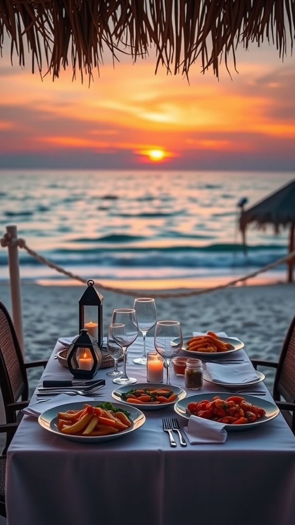 A beachside table set for dining, with plates of food and a sunset in the background.