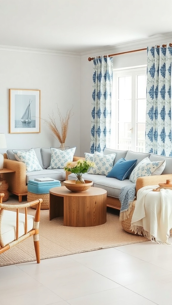 Cozy beach house living room with blue and white textiles, natural wood furniture, and a warm atmosphere.