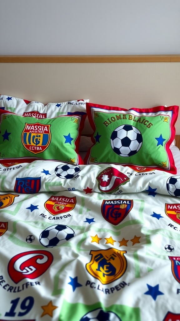 Bedding featuring various soccer team logos with a bright colorful design.