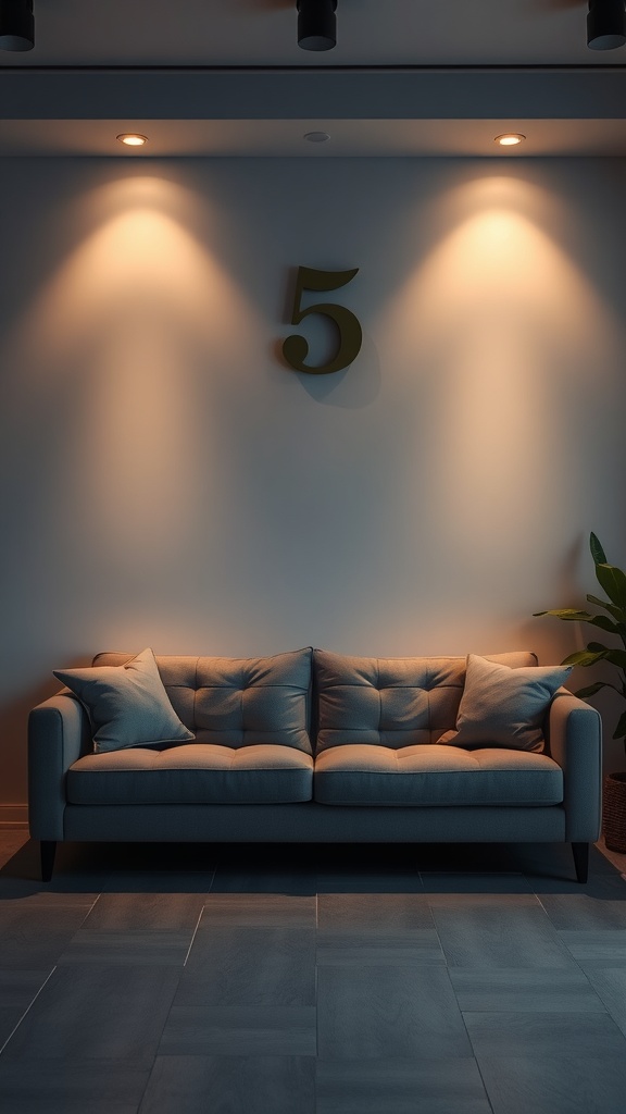 Cozy living room with a sofa and wall-mounted lights creating a warm glow.