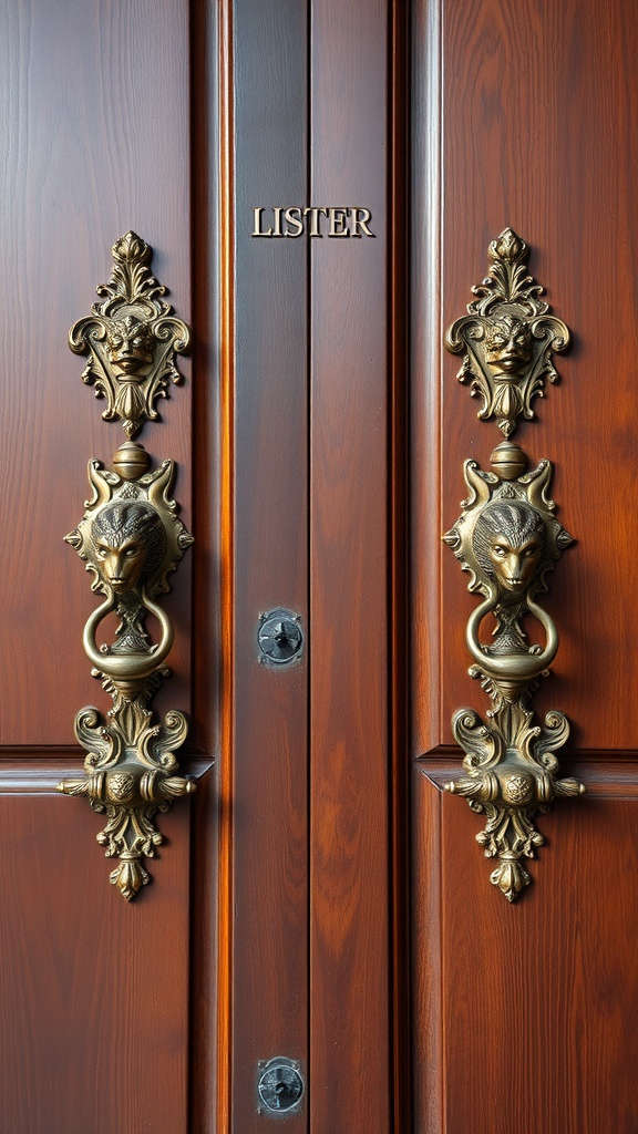 An ornate wooden door with brass lion-head door knockers and a nameplate.