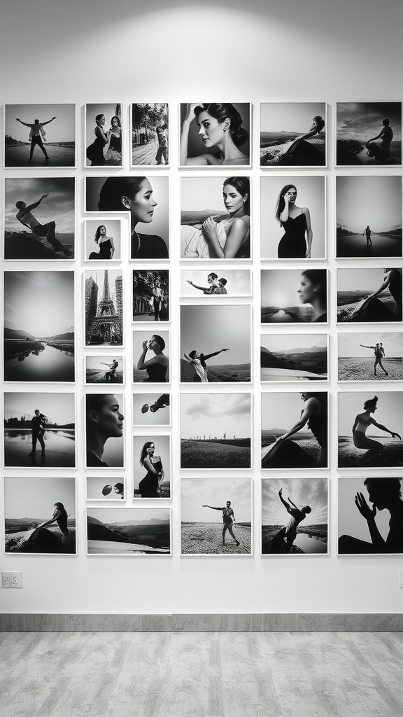 A stylish arrangement of black and white photos on a wall, featuring various portraits and landscapes in a grid layout.