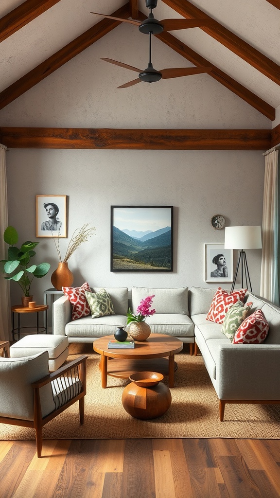 Modern farmhouse living room featuring wooden beams, cozy furniture, and stylish decorations