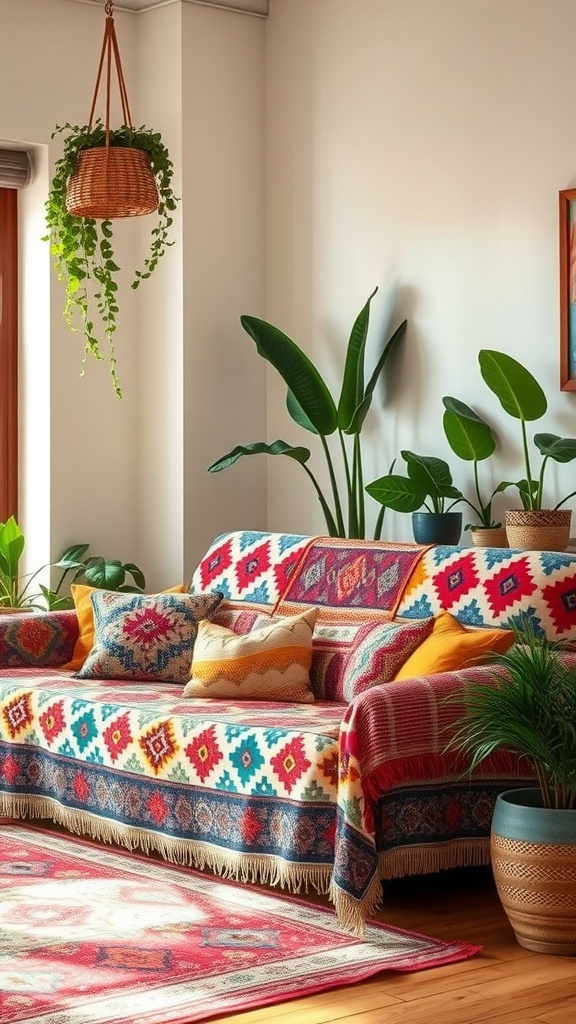 A colorful bohemian-style couch adorned with patterned covers and throw pillows, surrounded by indoor plants.