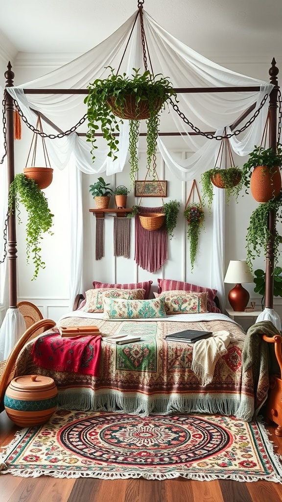 A bohemian chic canopy bed with hanging plants and colorful bedding