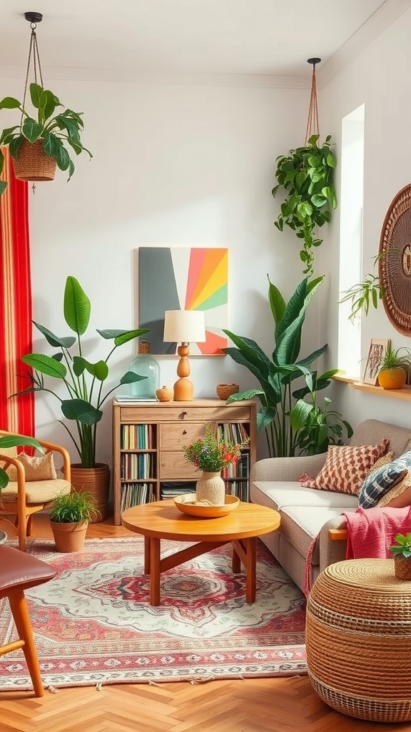 A cozy bohemian chic living room with plants, colorful decor, and warm wood furniture.