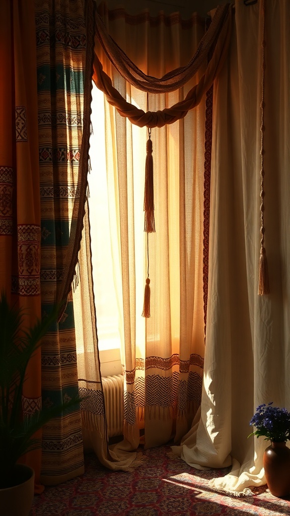 Layered bohemian curtains with textured fabrics and tassels, illuminated by sunlight.