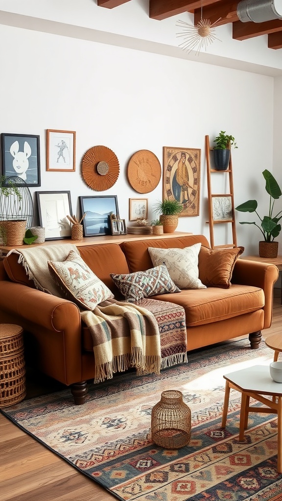 A bohemian style living room featuring a brown sofa adorned with colorful pillows, layered rugs, wall art, and plants.