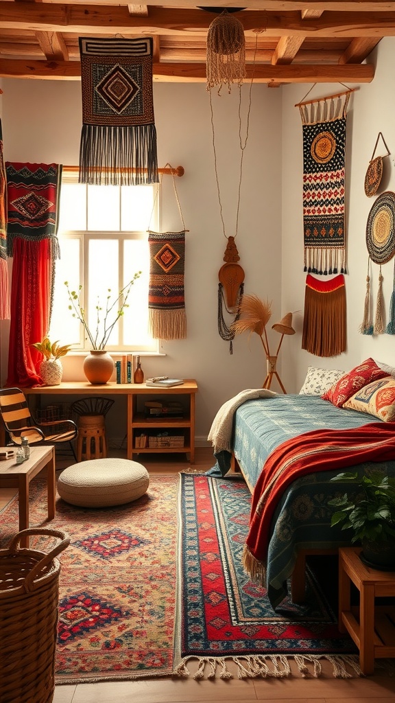 A cozy bohemian bedroom with colorful textiles, wall hangings, and natural decor.
