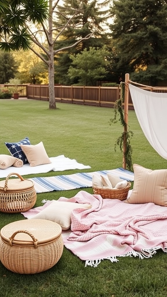 A cozy boho picnic seating arrangement in a backyard with blankets, cushions, and woven baskets.