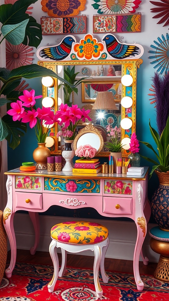 A colorful and vibrant vanity table with pink decor and floral accents.