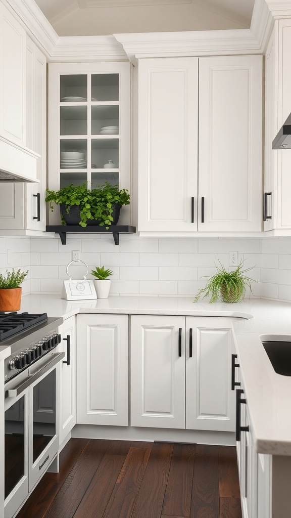 A modern kitchen featuring white cabinets with bold black handles and lush green plants.