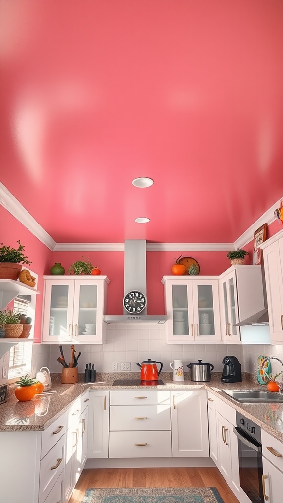 A bright pink ceiling in a modern kitchen with white cabinets and colorful decor.