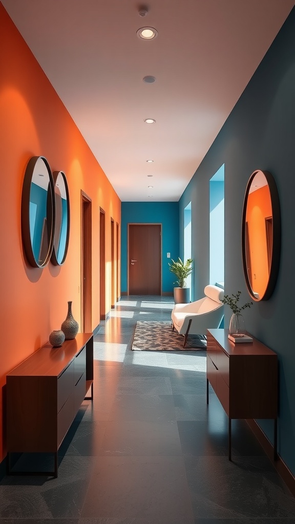 A modern hallway featuring bold orange and blue walls, with mirrors and stylish furniture.