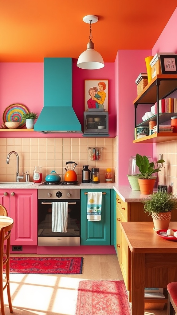 A vibrant kitchen featuring pink cabinets, a teal range hood, and an orange ceiling, showcasing an eclectic and colorful design.