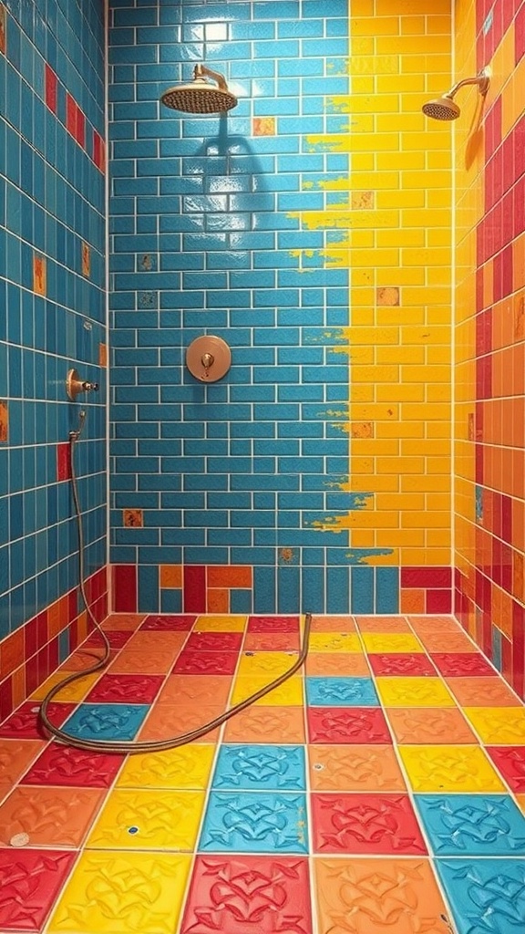 A colorful shower with blue, yellow, and red tiles, showcasing a bold design.
