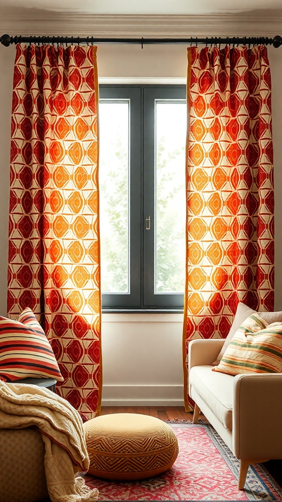 Bold geometric patterned curtains in warm colors hanging by a window