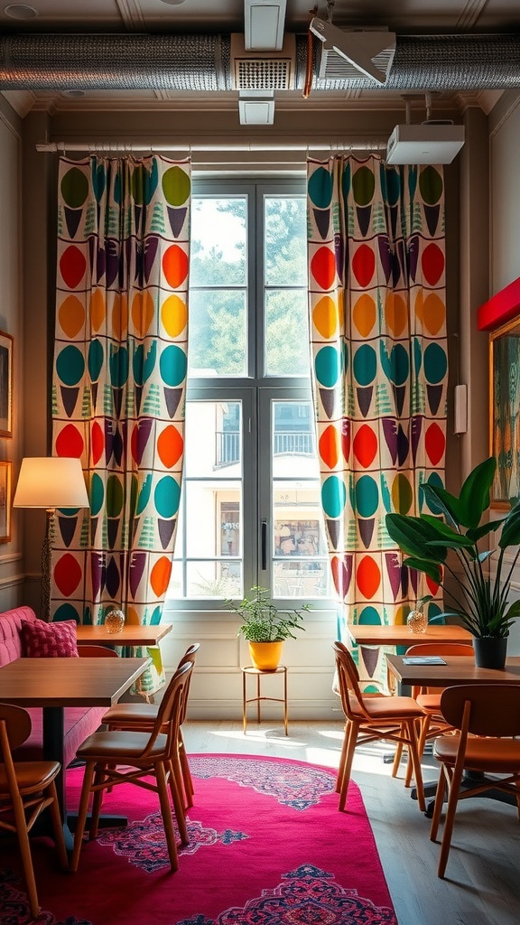 A cozy cafe interior featuring bold geometric print curtains in vibrant colors, with wooden tables and chairs.