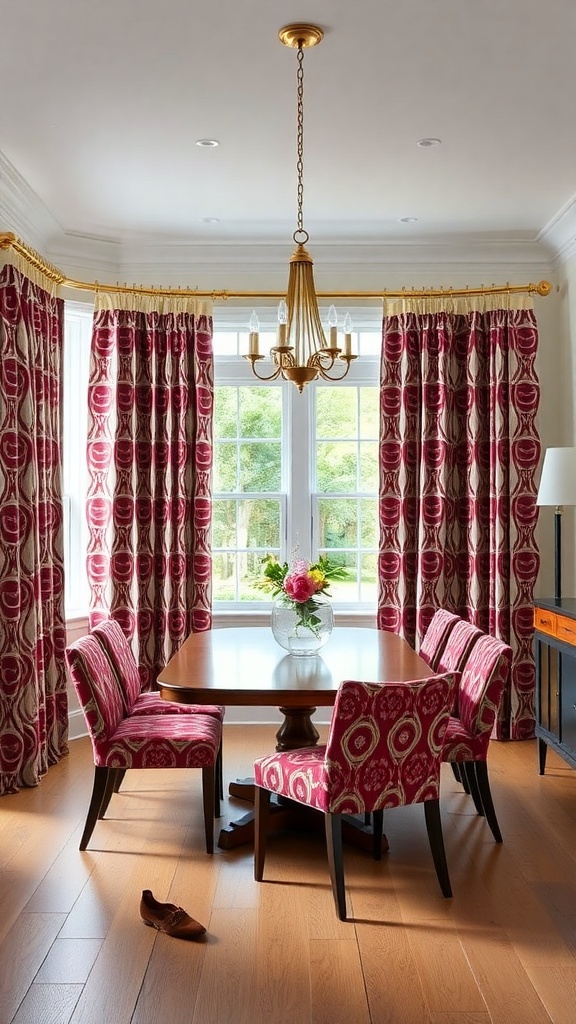 A dining room featuring bold patterned drapes in red and cream, with matching chairs and a wooden table.