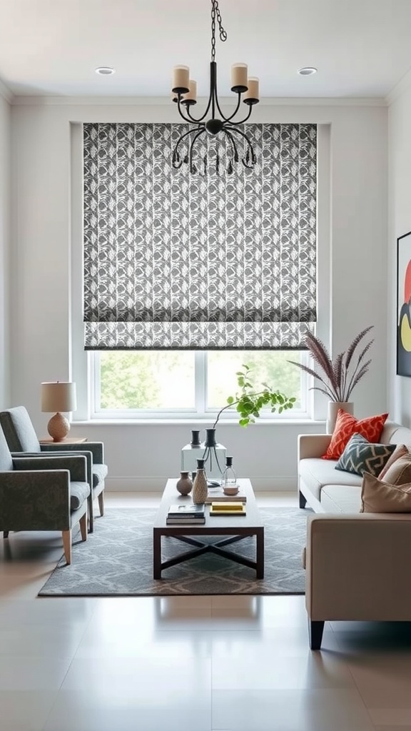 Living room with bold patterned blinds, stylish furniture, and decorative elements.