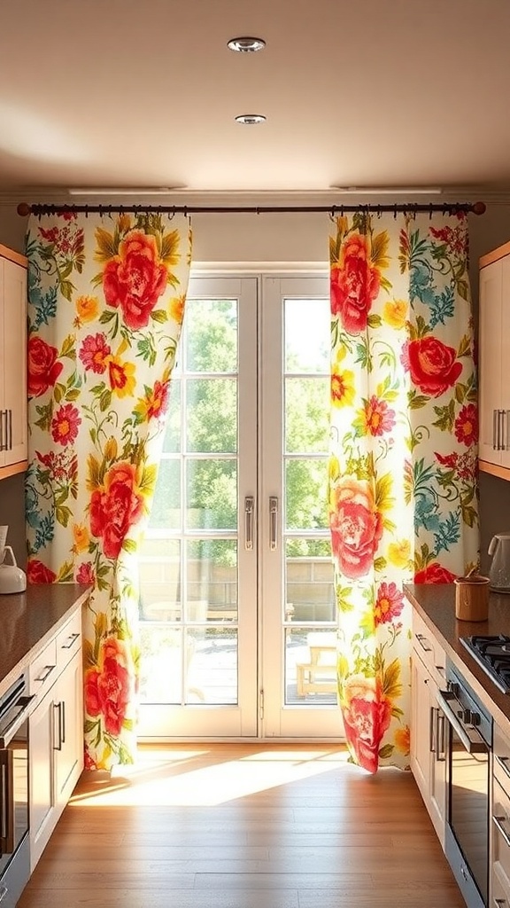 Bright floral kitchen curtains with large roses and colorful accents, enhancing the kitchen decor.