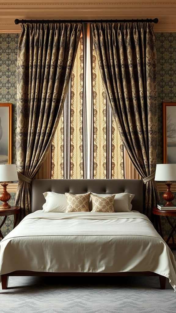 Elegant bedroom with bold patterned curtains framing the windows, a stylish bed, and decorative lamps.