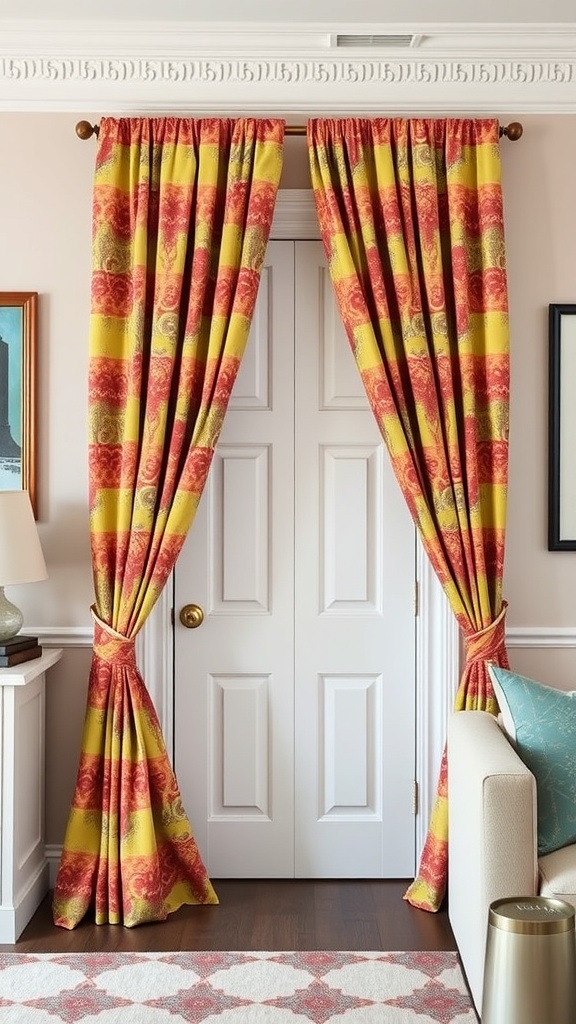 Vibrant door curtains with red and yellow stripes and intricate designs, framing a white door.