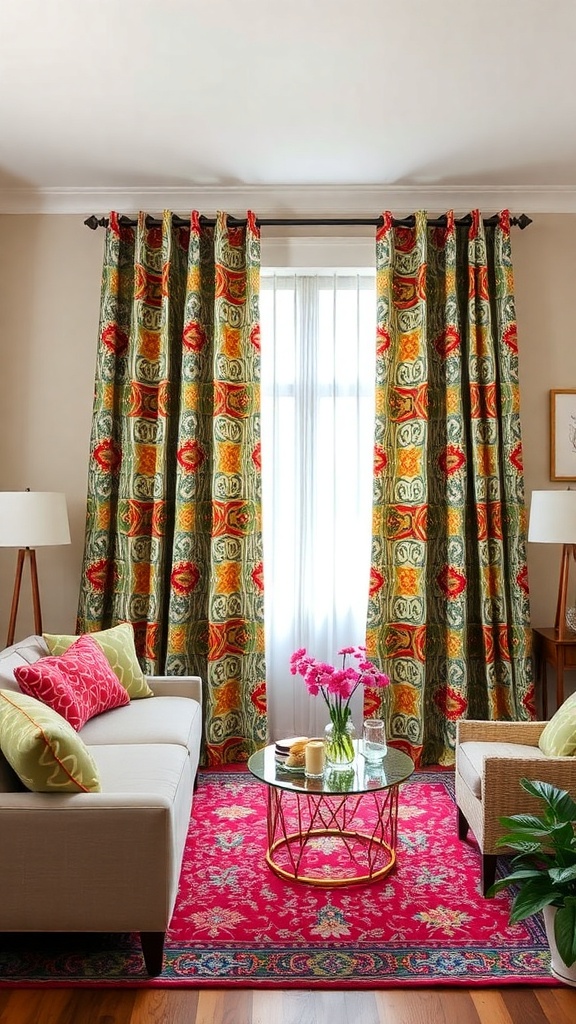 Living room with bold patterned curtains featuring red, green, and gold colors, complemented by colorful cushions and a vibrant rug.