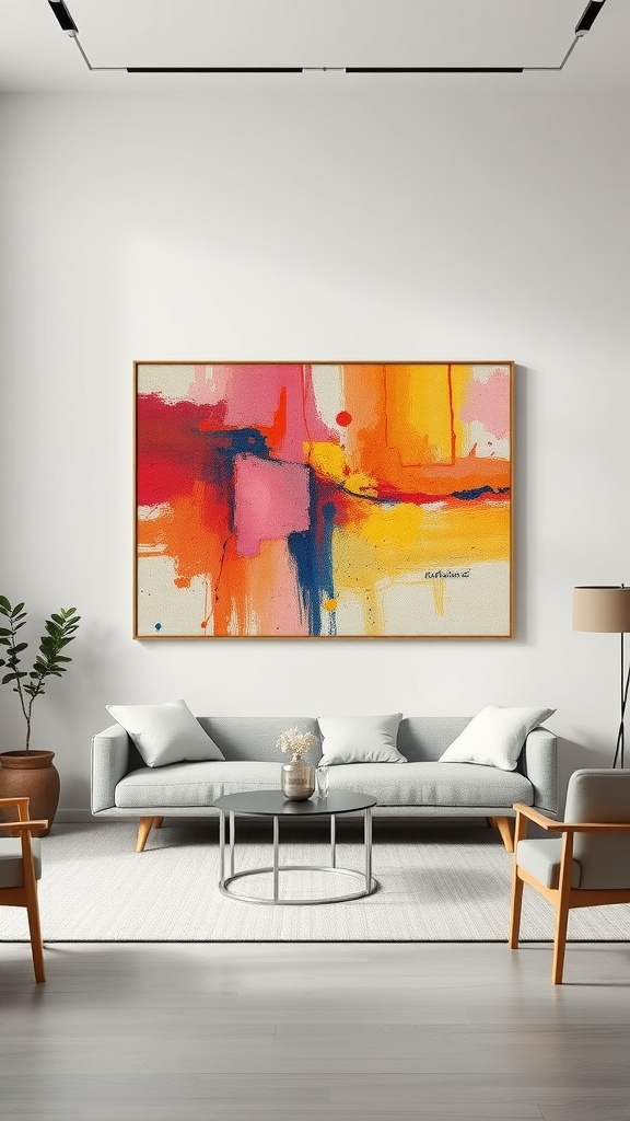 A modern living room featuring a bold abstract art piece above a gray sofa, with colorful hues and simple furnishings.