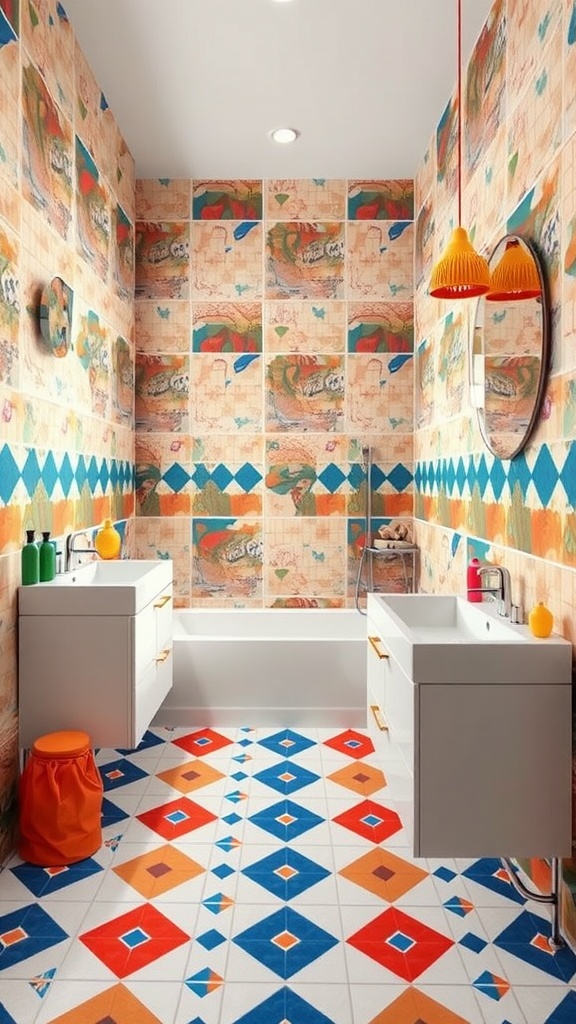 A vibrant bathroom featuring bold and colorful tile patterns on the walls and floor.