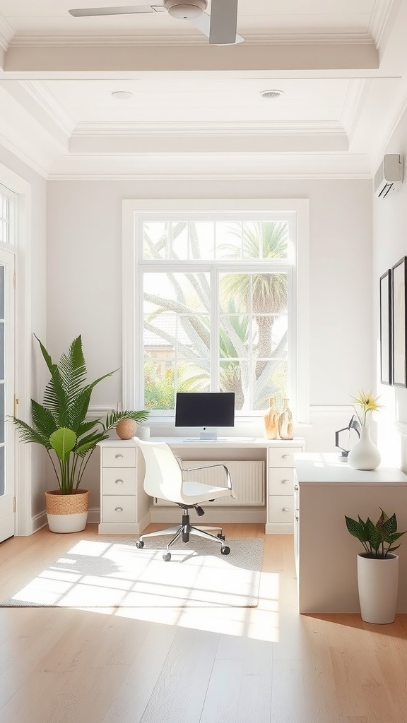 A bright home office with pink walls, wood furniture, and plants, showcasing a clean and airy workspace.