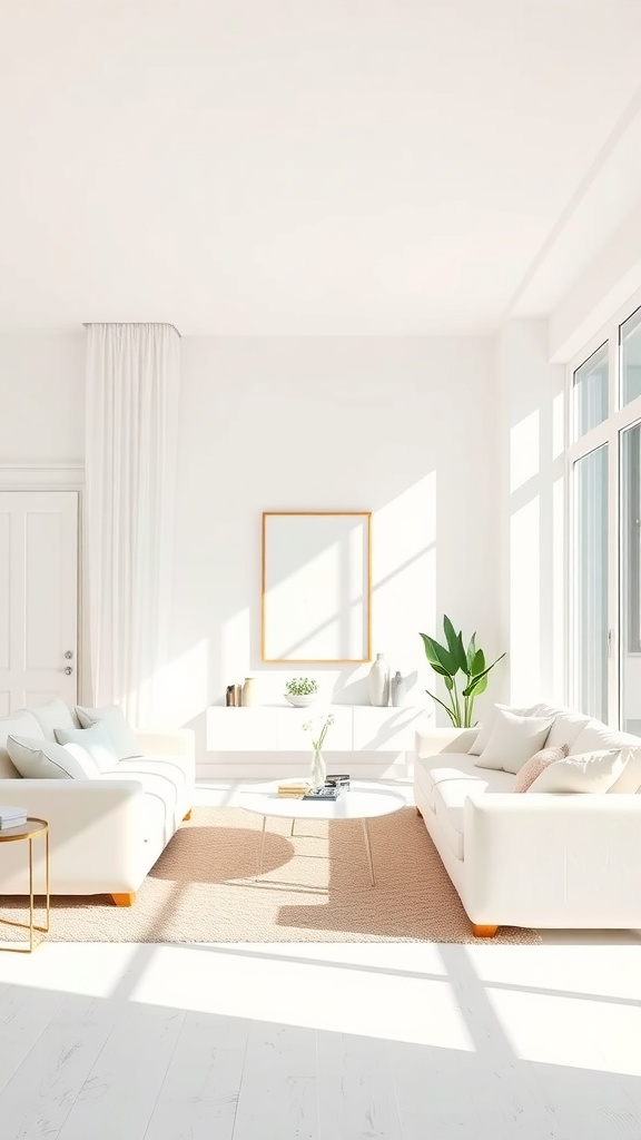 Bright and airy living room with white sofas, natural light, and green plants.